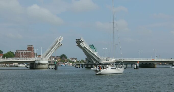 Time-lapse, bascule bridge, boats, excursion ship Schlei Princess, sailing ship, harbour, Kappeln, Schlei, Schleswig-Holstein, Germany