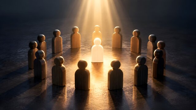 Unique Glowing White Figure Standing Out in the Center of a Circle of Wooden Humanoid Pegs Illuminated by a Bright Spotlight, Representing Leadership, Individuality, and Talent Selection Concept.