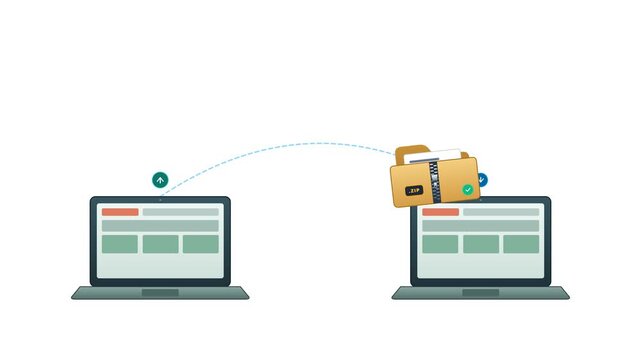 High-tech 2D vector animation of a compressed ZIP archive folder transferring between two modern laptops along a glowing network sync arc in an 8-second transparent seamless loop.