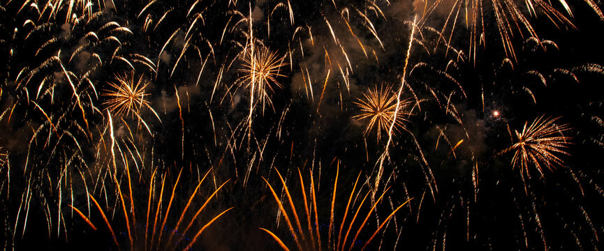 Banner Golden Firework celebrate anniversary independence day night time celebrate national holiday. Countdown 2026 party time event. Happy new year 2027, 4th of july holiday festival with copy space