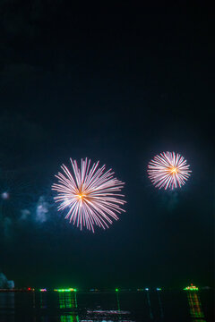 Pink Purple firework in night time celebrate national holiday. Purple Firework celebrate anniversary happy new year 2027, 4th of july holiday festival. Pink firework Countdown to new year 2026