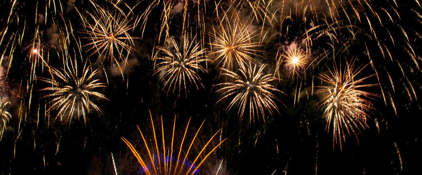 Banner Golden Firework celebrate anniversary independence day night time celebrate national holiday. Countdown 2026 party time event. Happy new year 2027, 4th of july holiday festival with copy space