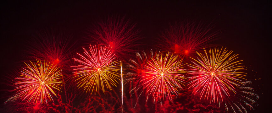 Banner Golden Firework celebrate anniversary independence day night time celebrate national holiday. Countdown 2026 party time event. Happy new year 2027, 4th of july holiday festival with copy space