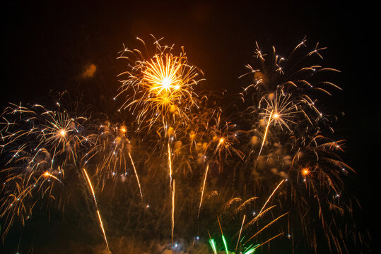 Golden Firework Countdown to new year 2026 party time event anniversary independence day night time celebrate national holiday. Gold firework in the night time celebrate national holiday. Happy new