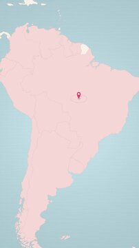 Vertical World map zooming in to South America with location pin drop