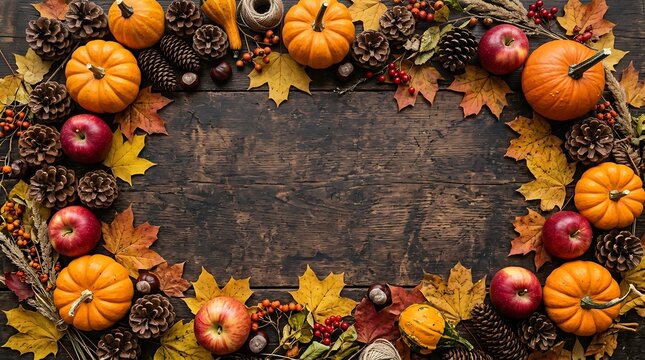 Autumn Seasonal Frame with Mini Pumpkins Apples Pinecones and Leaves