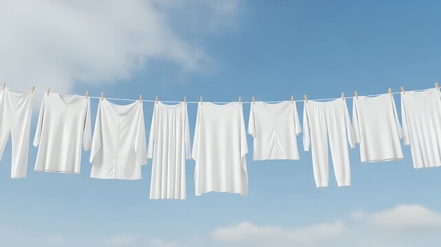 White laundry hanging on a clothesline outdoors, gently waving in the breeze against a clear blue sky.