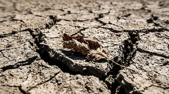 Dry Cracked Ground with Withered Leaf in Center