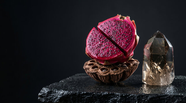Luxury Botanical Composition: Black Dragonfruit Sliced on Dried Lotus Pedestal with Smoky Quartz Crystal on Wet Basalt