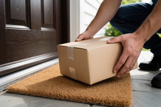 A delivery person placing a cardboard package on a brown welcome mat in front of a front door.