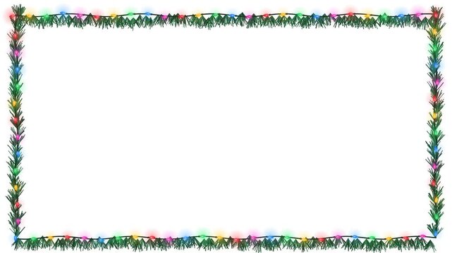 Vibrant 2D decorative Christmas border frame with glowing colorful fairy lights and lush evergreen pine garland around a central transparent copy space in an 8-second seamless loop.