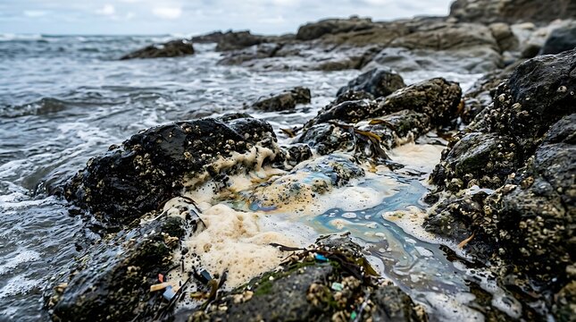 Rugged Rocky Shoreline with Tide Pools and Seafoam