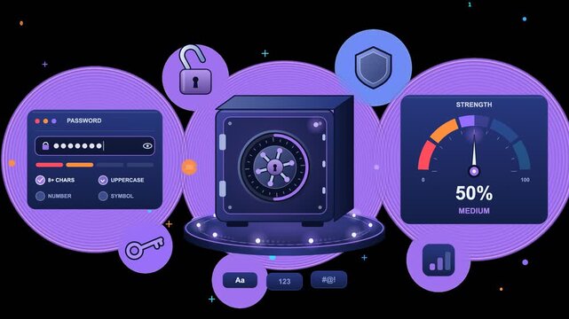 Cybersecurity password strength meter and safe vault vector animation on transparent background