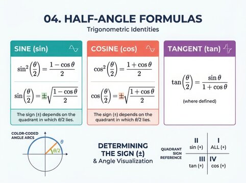 Half-angle trigonometric formulas chart with sine cosine tangent
