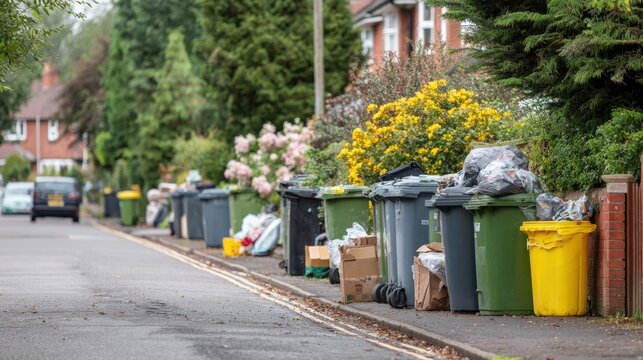 Focused view of seasonal bulk waste accumulation with various oversized items waiting for collection alongside regular waste bins in a suburban street