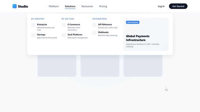 Microstock-safe UI animation of a premium mega menu. Features a smooth fade and slide down of the main dropdown, followed by a time-based, staggered reveal of sub-categories. Includes a simulated curs
