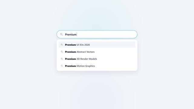 A premium microstock-safe UI animation showing a search bar being typed into, followed by a buttery smooth, staggered drop-down of keyword suggestions. Built with pure time-based mathematical renderin