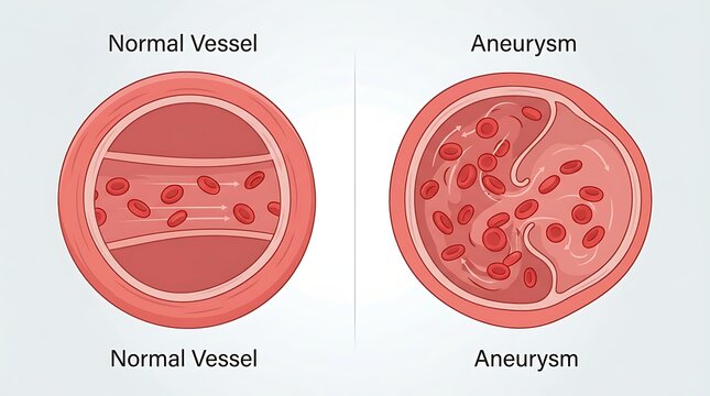 Medical Diagram Comparing Normal Blood Vessel and Aneurysm Anatomy with Blood Flow Visualization