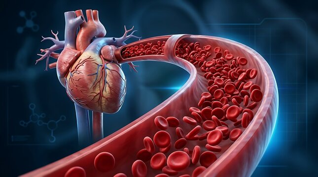 Human heart anatomy and red blood cells flowing through blood vessel 3D medical illustration