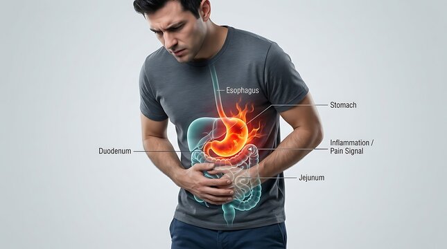 Man clutching abdomen with anatomical overlay showing heartburn, acid reflux, and stomach inflammation
