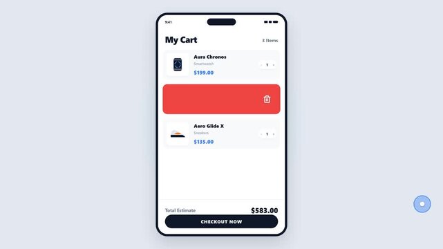 A high-fidelity mobile e-commerce UI simulation demonstrating a touch-and-swipe interaction. Swiping a cart item left reveals a red delete action with an elastic, spring-like trash icon scaling up, fo