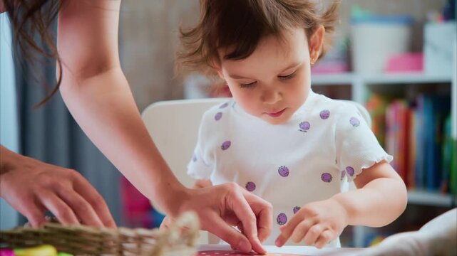 Child focuses on colorful activity with adult nearby. Soft light highlights engaged, curious toddler. Parent's hand gently guides play. Ideal for parenting, child development, or educational themes