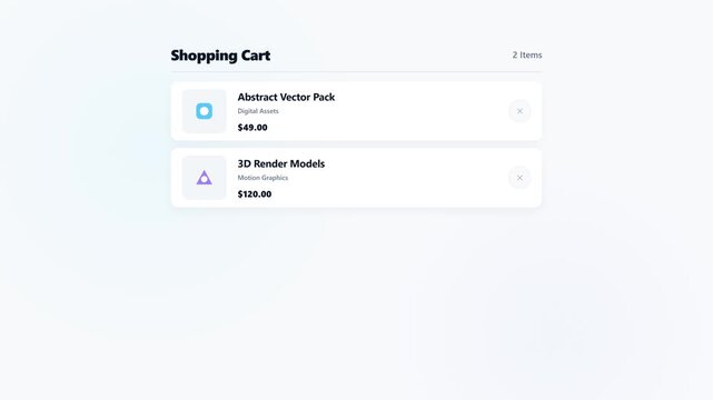 A premium microstock-safe UI animation showing an item being removed from a list. The targeted item smoothly shrinks and fades out, followed by the remaining items elegantly sliding up to fill the gap