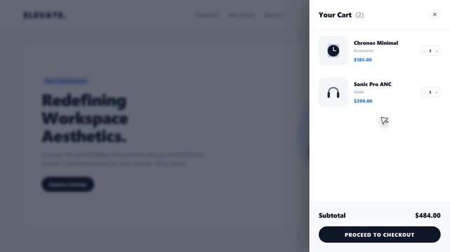 A premium e-commerce UI interaction showing a simulated cursor clicking a shopping cart icon. A side panel smoothly slides in while the main website content dims with a translucent blur overlay.