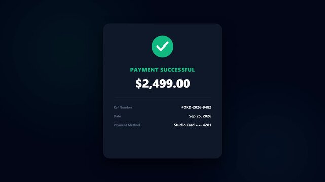 A premium microstock-safe UI animation of a payment success screen. Features a hand-drawn circle animation followed by a rapid checkmark draw, triggering a satisfying green light flash, particle burst