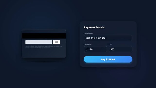A premium microstock-safe UI animation of a checkout form. When the user's cursor moves to the CVV input field, an accompanying 3D credit card illustration smoothly flips 180 degrees to reveal its bac