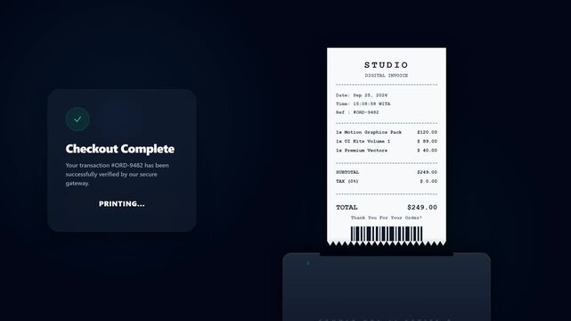 A premium microstock-safe UI animation of a point-of-sale terminal printing a digital receipt. Features a smooth, physics-based unrolling motion from a hardware slit, authentic monospace typography, a