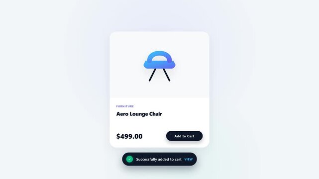 A premium microstock-safe UI animation of a success toast notification. Triggered by a button click, the notification elegantly slides in from the bottom, holds for 3 seconds to display 'Successfully