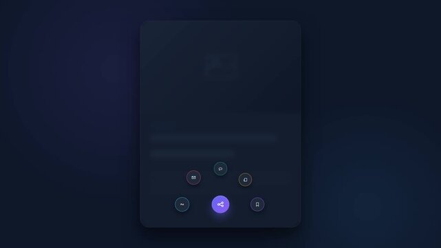 A premium microstock-safe UI animation of a Floating Action Button (FAB). When clicked and held, a glassmorphism overlay appears while a suite of sharing options spreads out in a satisfying elastic ra
