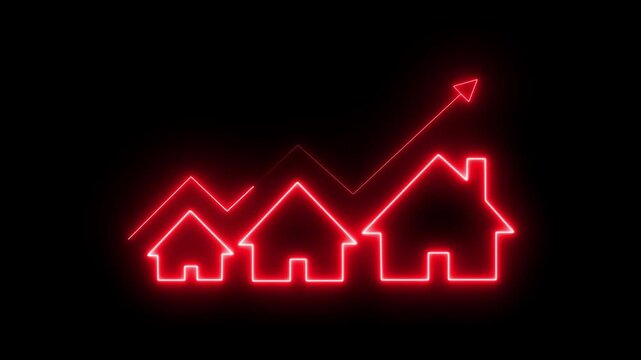 Glowing neon line House under protection icon with up arrow isolated on black background. Video animation of a glowing light drawing a neon outline of houses decreasing in size. House, home building.