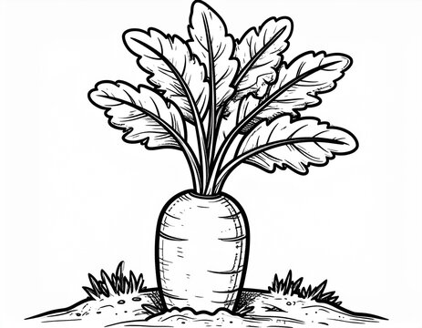 Cute big radish vegetable growing in soil coloring page for kids, simple vector outline