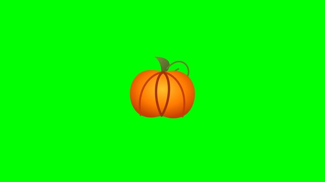 A flat 2D pumpkin popping into the screen with a 110% scale bounce (overshoot) and a light rotational twist, followed by an organic floating idle and a pop out. Set against a chroma key green backgrou