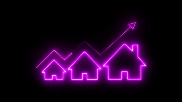 Glowing neon line House under protection icon with up arrow isolated on black background. Video animation of a glowing light drawing a neon outline of houses decreasing in size. House, home building.