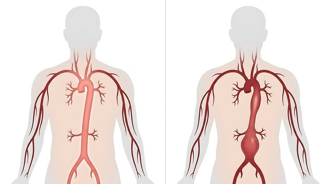 Comparison of Normal Human Aorta and Aortic Aneurysm in Male Silhouette Medical Illustration Vector