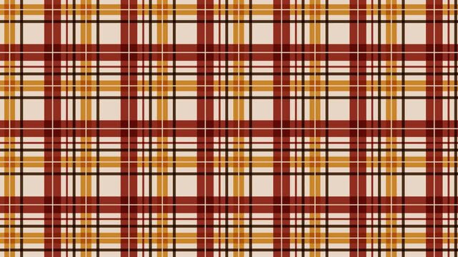 A seamless looping animation of a cozy autumn flannel tartan pattern. Features dynamic Trim Paths weaving the intersecting stripes in warm fall colors, translating continuously to create an infinite b