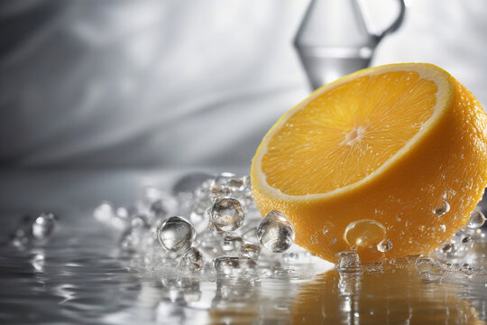 Orange half on ice close-up