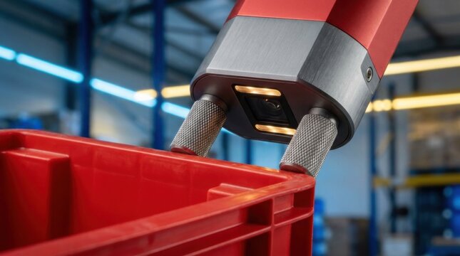 Closeup of automated warehouse retrieval robot gripping mechanism latching onto the reinforced rim of a red polymer storage container with optical scanner lens and aluminum chassis.