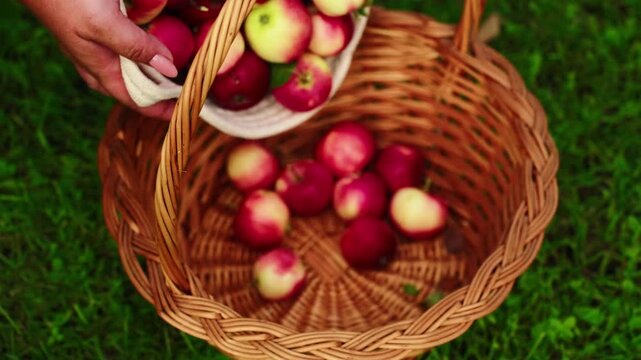 Hand pours apples into wicker basket. Apples tumble gently onto grassy ground. Basket holds fresh harvest, full and vibrant. Sunny day outdoors, peaceful and fruitful
