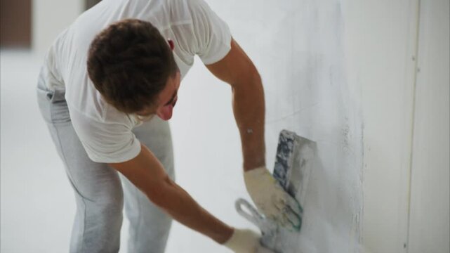 Man sands wall with focused effort. Wearing gloves, he works carefully. Bright room with soft lighting. Ideal for home improvement or renovation projects