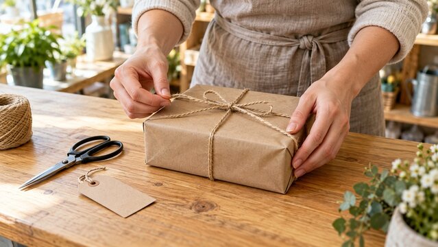 Hands Tying Twine Around a Kraft Paper Gift Box
