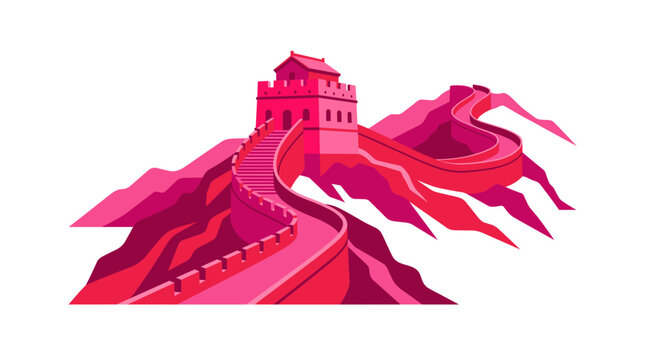 Minimalist vector illustration of the Great Wall of China winding through mountain ridges, featuring a central watchtower and stone paths in shades of pink and magenta on a white background.