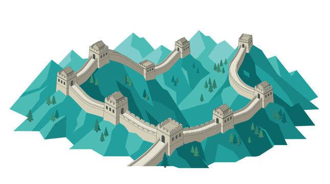 Isometric 3D illustration of the Great Wall of China winding through a green mountain landscape with watchtowers and trees, stylized flat vector design on a white background.
