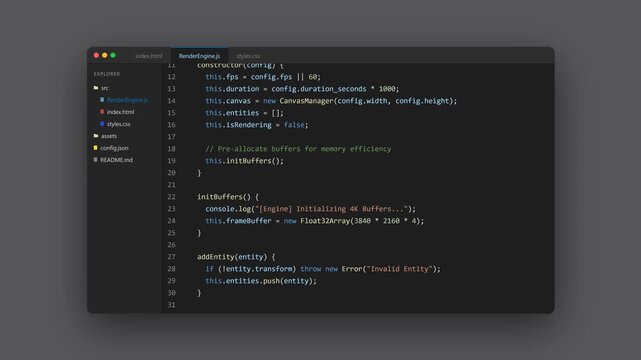 A Code Editor window flips into the scene dynamically in 3D, followed by a continuous smooth scrolling animation of syntax-highlighted code.