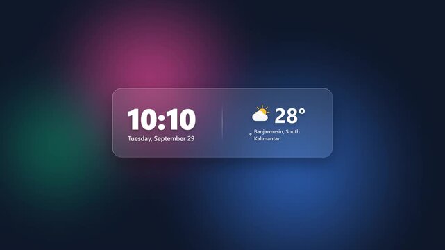 A glassmorphism clock and weather widget floats up smoothly over a vibrant ambient desktop background, showcasing a dynamic frosted glass blur effect.