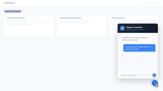 A microstock-safe animation of a customer support chatbot window springing up and expanding from a floating action button (FAB) in the corner, followe.