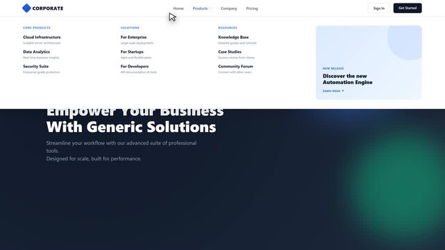 A microstock-safe, generic corporate website mega menu that elegantly drops down like a curtain (wipe down reveal) with a staggered content fade-in.